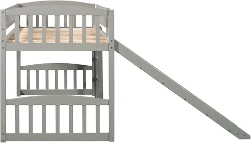 Vista 5 de Merax Cama tipo loft de tamaño individual con tobogán y escalera, marco de madera de pino macizo, gris