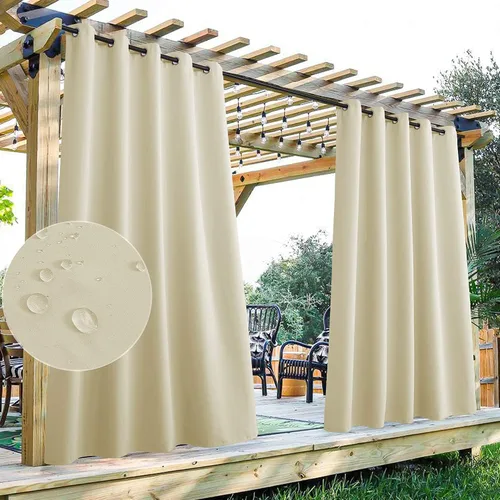 Vista 27 de StangH Cortinas para exteriores beige impermeables, tela gruesa, bloqueo de luz, cortinas opacas para patio con ojales en la parte superior