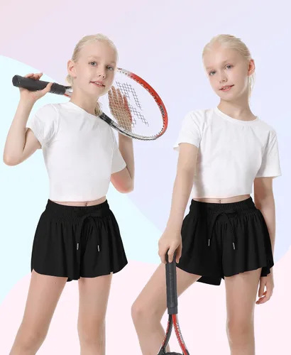 Vista 5 de QooNoo Pantalones cortos de mariposa para niñas con bolsillo, pantalones cortos atléticos fluidos de cintura alta para correr para niños