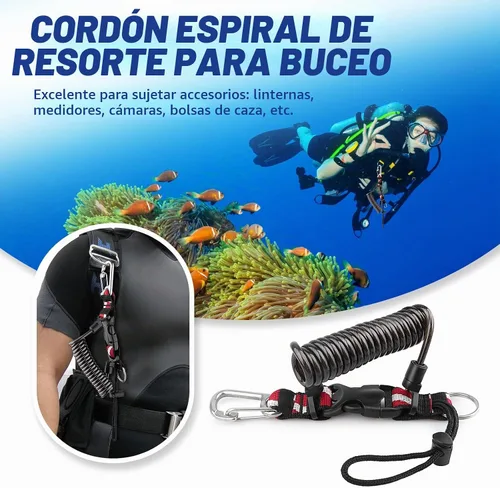 Vista 2 de Cordón de buceo, cordón en espiral de acero inoxidable resistente con hebilla de liberación rápida y correa de banda de bandera de buceo para Negro