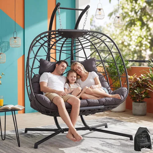Vista 11 de BULEXYARD Silla columpio doble con soporte, asiento de gran tamaño para 2