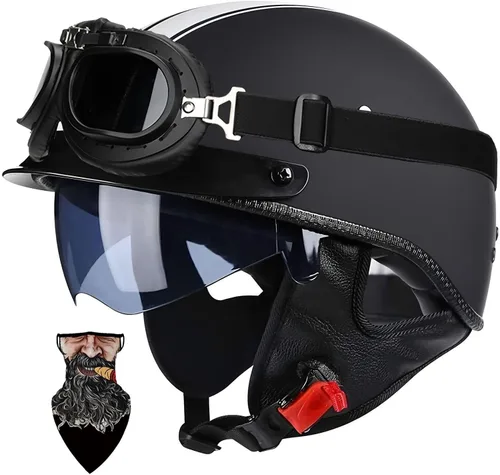 Vista 22 de Casco Moto Retro Vintage Jet Medio para Hombre y Mujer Adultos, DOT Homologado, Ventilación Dual, Visera Retráctil y Desmontable, Apto para Patinete