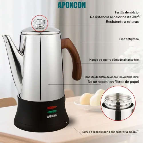 Vista 4 de APOXCON Cafetera eléctrica percoladora de acero inoxidable con dos perillas de progreso de preparación transparente de vidrio resistente y mango