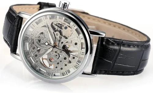 Vista 5 de Reloj de pulsera mecánico para hombre, correa de cuero con cuerda de esqueleto, plateado, Reloj esquelético, mecá