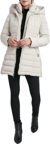 Vista 4 de Laundry by Shelli Segal Women's Windbreaker Puffer Coat Mid-length Fit & Flare Jacket, Side Velvet Tape