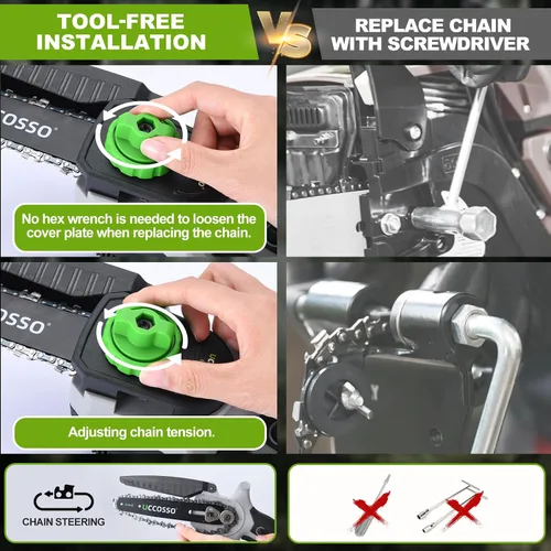 Vista 5 de Mini motosierra inalámbrica de 6 pulgadas, motosierra eléctrica con motor fuerte, 2 cadenas incluidas para recortar árboles, corte de ramas, claro