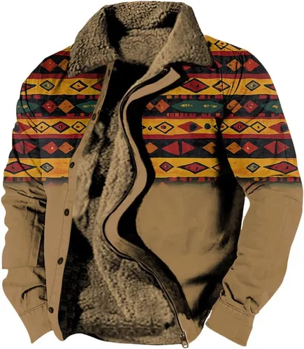 Vista 10 de LOAIHA Chaqueta de invierno para hombre, chaqueta azteca occidental para hombre, con cremallera, forro polar cálido, chaqueta vaquera, étnica vintage