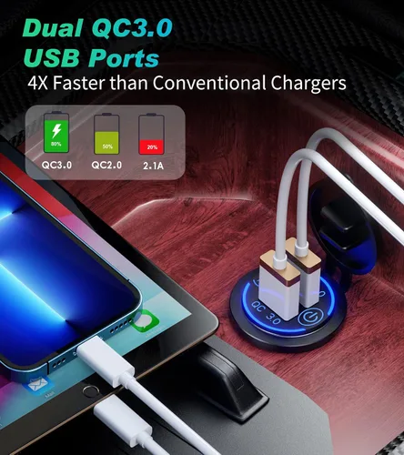 Vista 2 de Paquete de 2 enchufes de carga rápida 3.0 con cargador USB dual, toma de corriente USB impermeable de 36 W, carga rápida con interruptor táctil