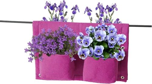 Vista 4 de VegTrug Jardinera de fieltro para balcón/riel, 4 bolsillos, color negro x3 Balcony rail planter, 4 pocket design, railing herb garden, flowers and