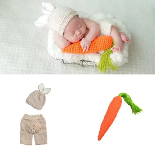 Vista 2 de Accesorios de fotografía para recién nacidos, traje de ganchillo lindo sombrero de conejo, pantalones cortos, rábano, bebé, niña, sesión de fotos