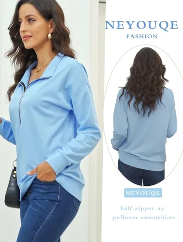 Vista 2 de NEYOUQE Sudaderas de moda para otoño e invierno con cremallera de un cuarto, sudadera tipo polo para mujer, casual, a la moda, cuello redondo