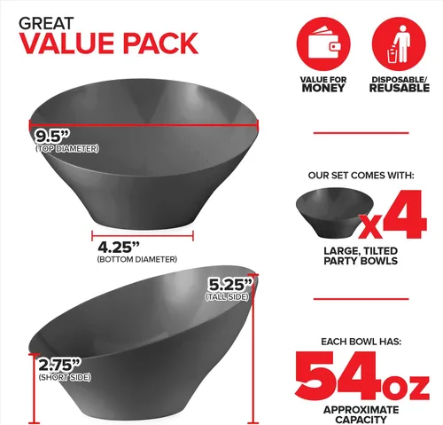Vista 2 de Cuencos de servir de plástico negro de 54oz (4 paquetes) Grandes cuencos desechables para aperitivos, caramelos, contenedores para buffet, papas
