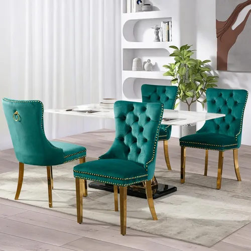 Vista 139 de SoarFlash Juego de 2 sillas de comedor de terciopelo, silla lateral de respaldo alto, silla lateral moderna tapizada de alta gama con botones Beige