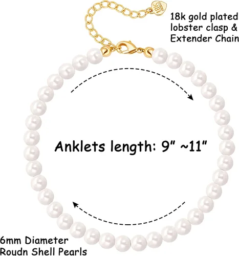 Vista 5 de Aobei Pearl Tobilleras de perlas hechas a mano para mujer, pulsera de tobillo ajustable con cuentas blancas para regalo de boda