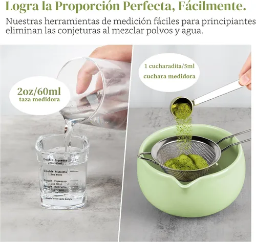 Vista 4 de YIBO Matcha Whisk Set, Matcha Kit Bamboo Whisk and Ceramic Bowl with Spout & Measuring Spoon & Cup, Japanese Ceremony Matcha Tea Making Tools Green