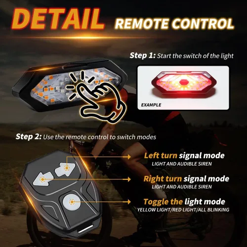Vista 2 de Luz trasera de bicicleta con señales de giro Luz trasera de control remoto inalámbrico 5 Modes, USB Rechargeable, with Bike Alarm, IPX2
