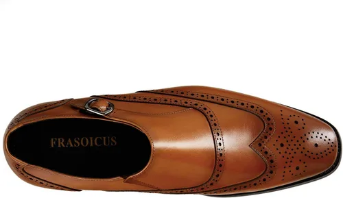 Vista 5 de FRASOICUS Zapatos de vestir para hombre, de cuero genuino, correa de monje, zapatos formales con punta de ala, mocasín sin cordones