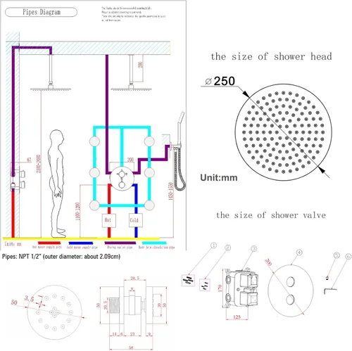Vista 9 de Cabezal de ducha de lluvia de techo LED redondo de oro cepillado de 10 pulgadas, DULABRAHE termostático para baño, sistema de ducha de lluvia de Oro
