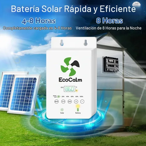 Vista 4 de Ventilador solar de 8 pulgadas con termostato ajustable y batería para invernadero