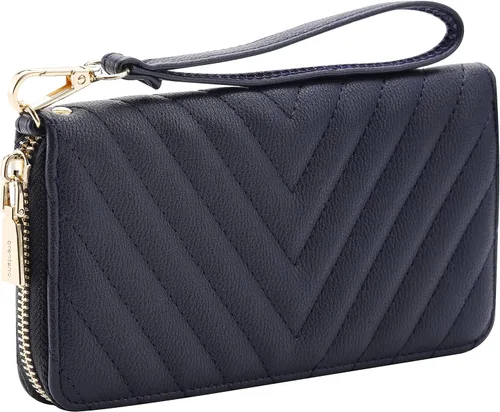 Vista 15 de Brentano Cartera delgada de cuero vegano con cremallera única bordada Chevron con correa extraíble para la muñeca Beige almendra