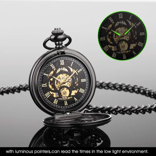 Vista 2 de ManChDa Reloj de bolsillo mecánico vintage negro con cadena para hombres + caja