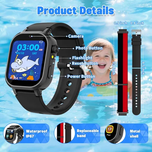 Vista 4 de Wiszodet Reloj inteligente impermeable para niños, regalo para niños de 3 a 12 años con 39 juegos, pantalla táctil HD, reproductor de música, cámara