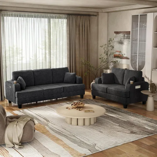 Vista 13 de HOMES: Inside + Out Reese - Moderno juego de sofá de 2 piezas con bolsillos laterales, portavasos y puertos USB, sofá suave de madera y cómodo sofá