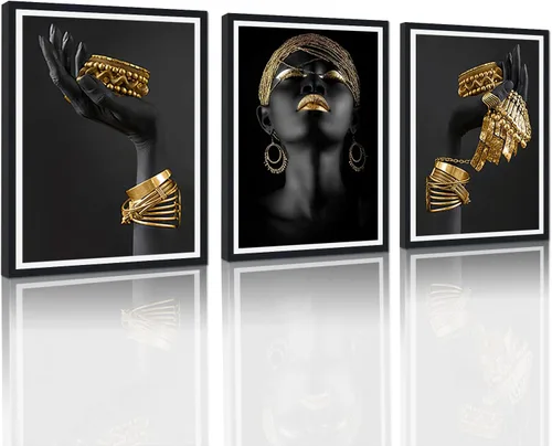 Vista 106 de MAMAGO Lienzo decorativo para pared, pintura de belleza dorada y negra, fotos de mujeres africanas, hermosos pósteres de mujer negra, impresiones