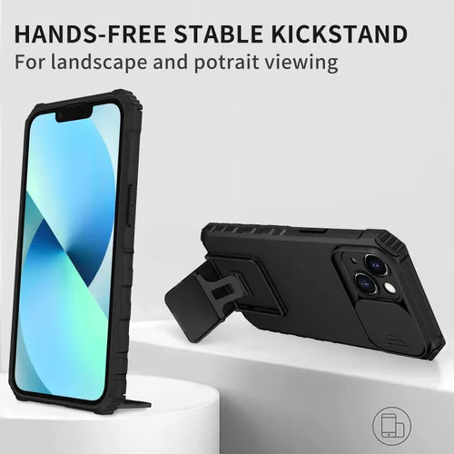 Vista 6 de Funda para iPhone 15 con funda para cámara deslizante, protector de silicona TPU resistente PC Etui iPhone 15 con soporte integrado, funda Negro