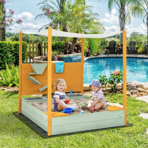 Vista 8 de Costzon Caja de arena para niños con pared de arena, arenero de madera con toldo extraíble, cubo de agua, contenedores de almacenamiento, 2 asientos