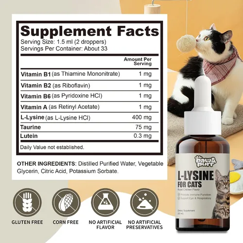 Vista 7 de Suplemento de L-lisina para gatos, gotas líquidas de L-lisina para gatitos con vitaminas taurina, apoyo inmunológico, respiratorio felino