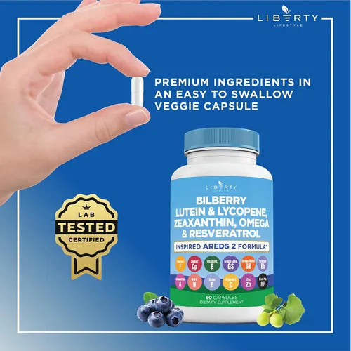 Vista 7 de Liberty Lifestyle Vitaminas para la salud ocular con arándano 6000 mg de luteína y zeaxantina 40 mg de licopeno 40 mg de resveratrol 3000 mg