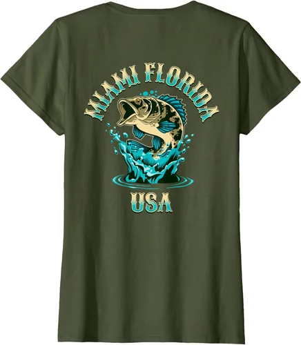 Vista 39 de Camiseta con diseño de pesca en la parte delantera y trasera de Miami Florida USA, Negro