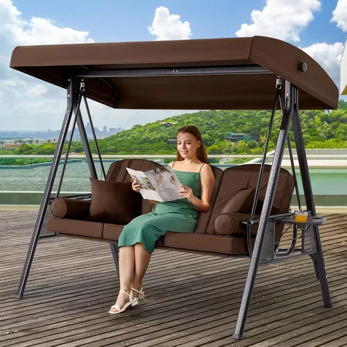 Vista 15 de Columpio de porche para exteriores 3 en 1 con toldo ajustable, columpio de 3 asientos para adultos, columpio de patio con cojines gruesos, almohadas