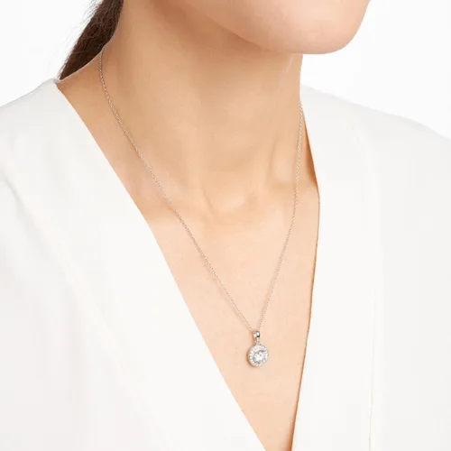 Vista 4 de Conjunto de joyas, plata esterlina, corte circular, zirconia cúbica, aretes con borde y collar con dije, 18 pulgadas.