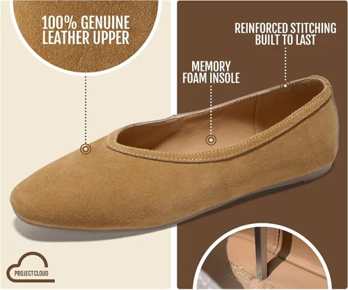 Vista 2 de Project Cloud 100% Cuero Genuino Ballet Flats para Mujer - Zapatos de Mujer Bronceado Gamuza