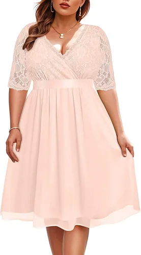 Vista 10 de Plus Size Wedding Guest Cocktail Midi Dress Lace Chiffon V Neck Wrap Negro