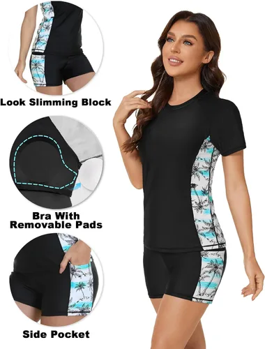 Vista 4 de Tournesol Camiseta de natación de manga corta para mujer, 2 piezas, con pantalones cortos, traje de baño con brasier, talla grande con bolsillo