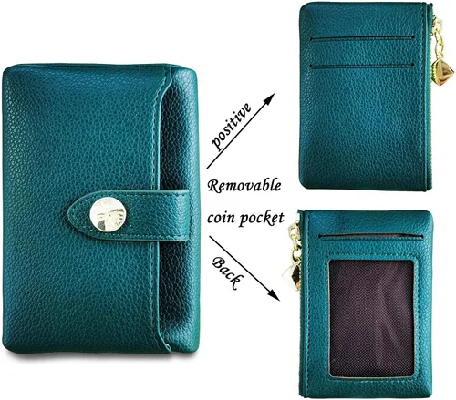 Vista 2 de Carteras para mujer, billetera pequeña Rfid para mujer, billetera de cuero plegable para mujer, tarjetero plegable con cremallera extraíble (verde)