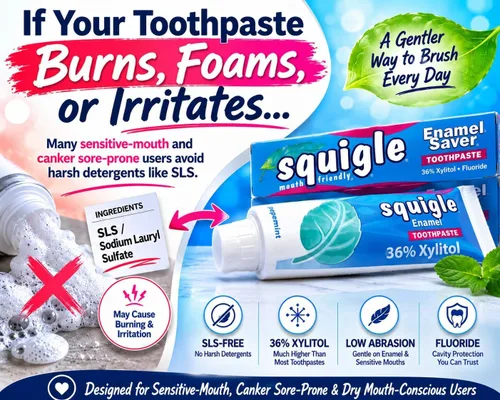 Vista 2 de Squigle Pasta de dientes esmaltada (prevención y tratamiento de úlceras bucales) previene caries, dermatitis perioral, mal aliento, labios