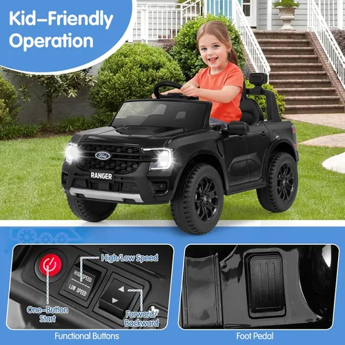 Vista 4 de HONEY JOY Vehículo eléctrico Ford Ranger con licencia de 12 V para niños, suspensión de resorte, música y 3 velocidades, bocina, luces LED, juguete
