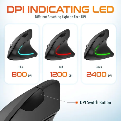 Vista 6 de Delton Ratón inalámbrico ergonómico vertical recargable con par automático USB Dongle, 6 botones, 3 niveles de DPI ajustables (800/1200/2400)