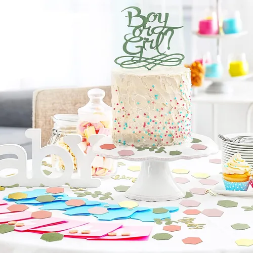 Vista 6 de 220 piezas de decoración de mesa de confeti para baby shower con eucalipto verde salvia dorado papel neutro de confeti disperso forma hexagonal