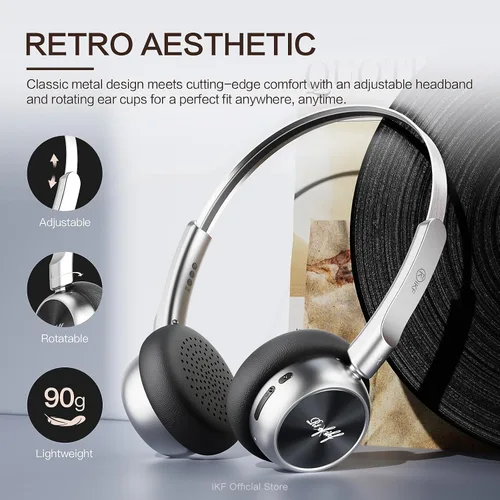 Vista 2 de iKF R1 - Auriculares Bluetooth inalámbricos retro, 60 horas de reproducción, ajuste cómodo 38ms Low Latency, Multipoint Connect, Built-in Mic, App