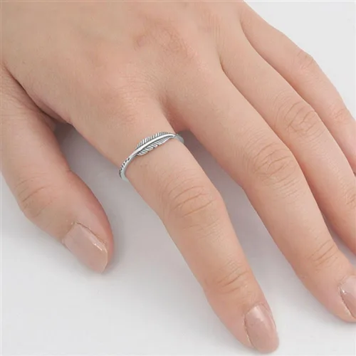 Vista 2 de Anillo de plumas de moda de hoja oxidada, anillo de plata de ley 925, tamaño 3-12, Metal, Sin piedras preciosas