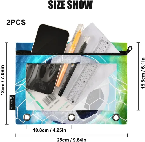Vista 3 de Estuche para lápices de fútbol de fútbol en campo para carpeta de 3 anillas, paquete de 2 bolsas impermeables para lápices, estuche transparente