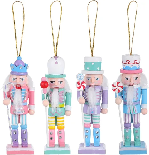Vista 9 de Amosfun 4 adornos de cascanueces de madera – 4.7 in de alto soldado cascanueces figuras pastel cascanueces adorno colgante de árbol