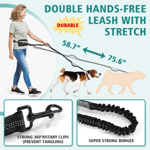 Vista 5 de Correa doble para perros con cierre de seguridad, bolsa de cintura para 2 perros Extra-Thick Shock Absorbing Waist Belt, for Dog Walking Running