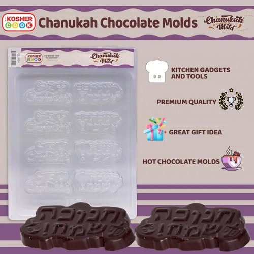 Vista 2 de The Kosher Cook Moldes de chocolate de Hanukkah, feliz Janucá formó moldes plásticos para el chocolate