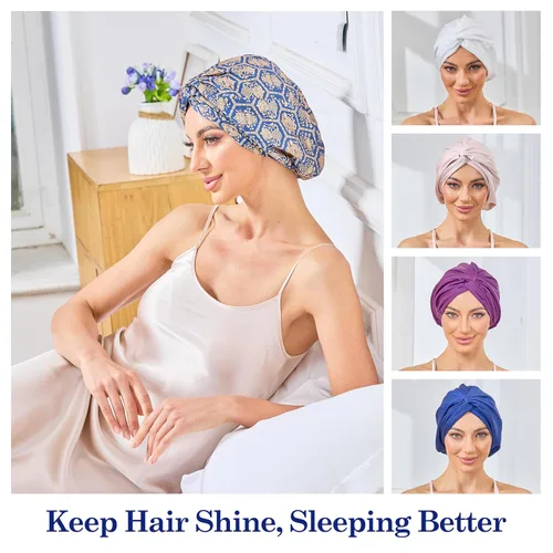 Vista 30 de Gorro de satén de seda ajustable para envolver el cabello para dormir, gorro de dormir de doble capa, turbante nocturno para cabello largo y rizado
